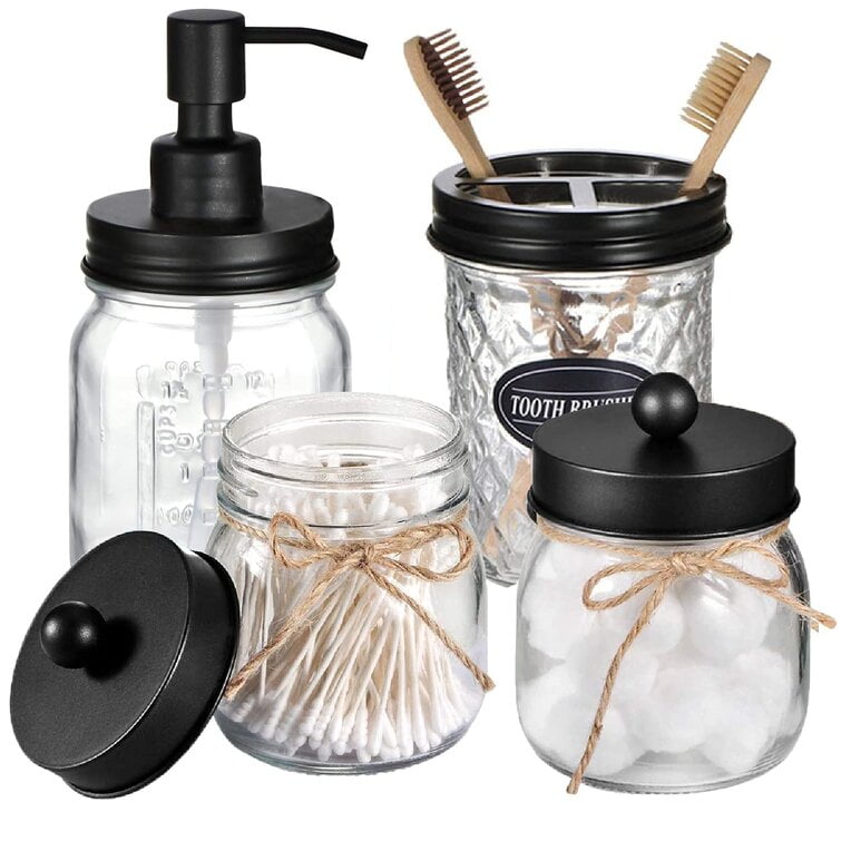 Mason Jars Soap Dispenser Toothbrush Cotton Swab Holder Bathroom Accessory Set