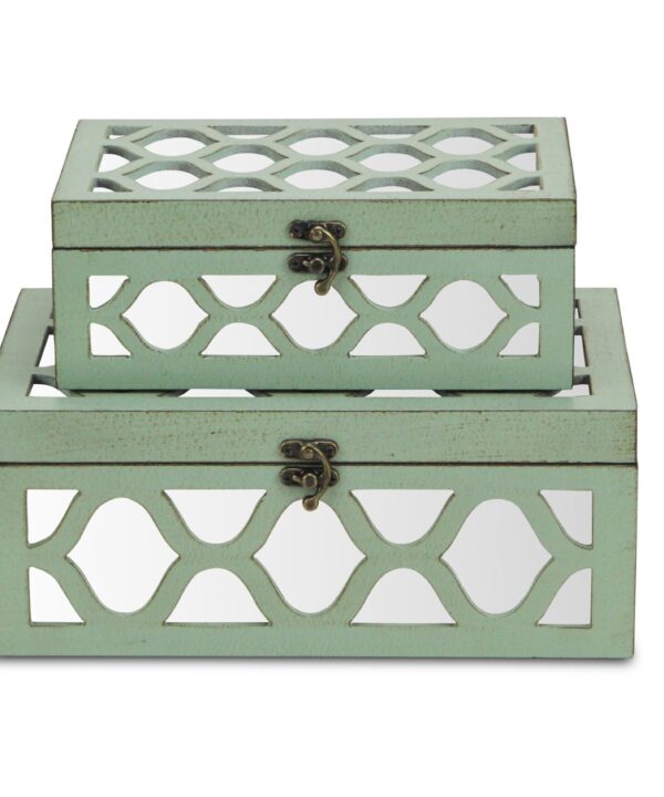 2 Piece Decorative Box with Front and Top Mirror with Wood Morrocan Overlay Set