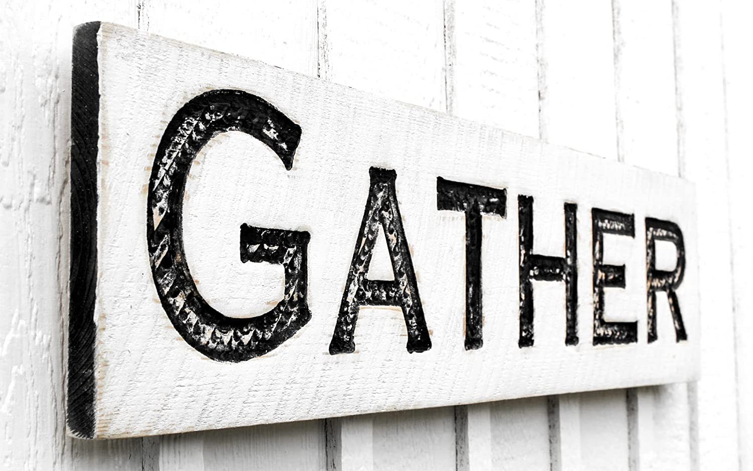 Gather Sign Horizontal – Carved in a Wooden Board Rustic Distressed Kitchen Farmhouse Style Restaurant Cafe Wooden Wood Wall Art