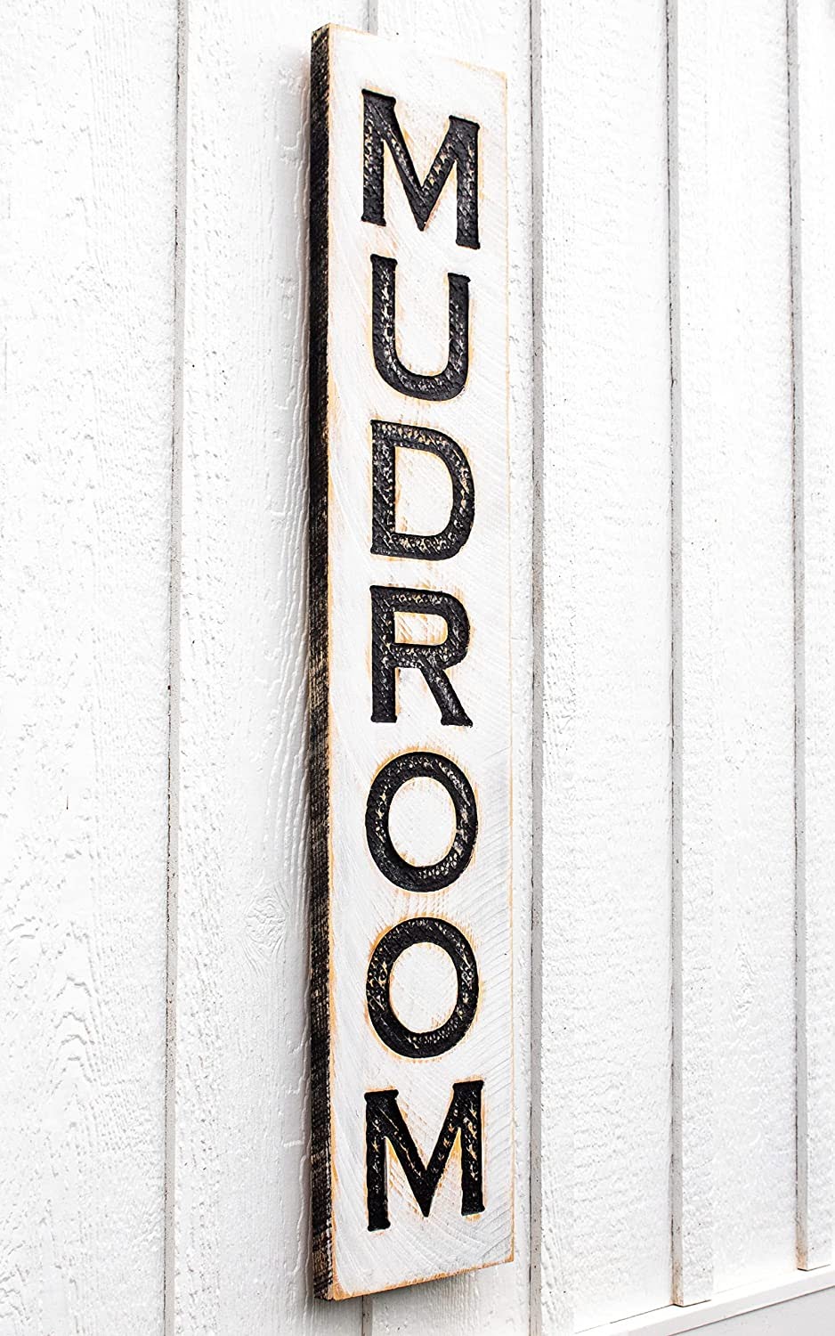 Vertical MUDROOM Sign – Carved in a 40″x8″ Solid Wood Board Rustic Distressed Shop Advertisement Farmhouse Style Room Wooden
