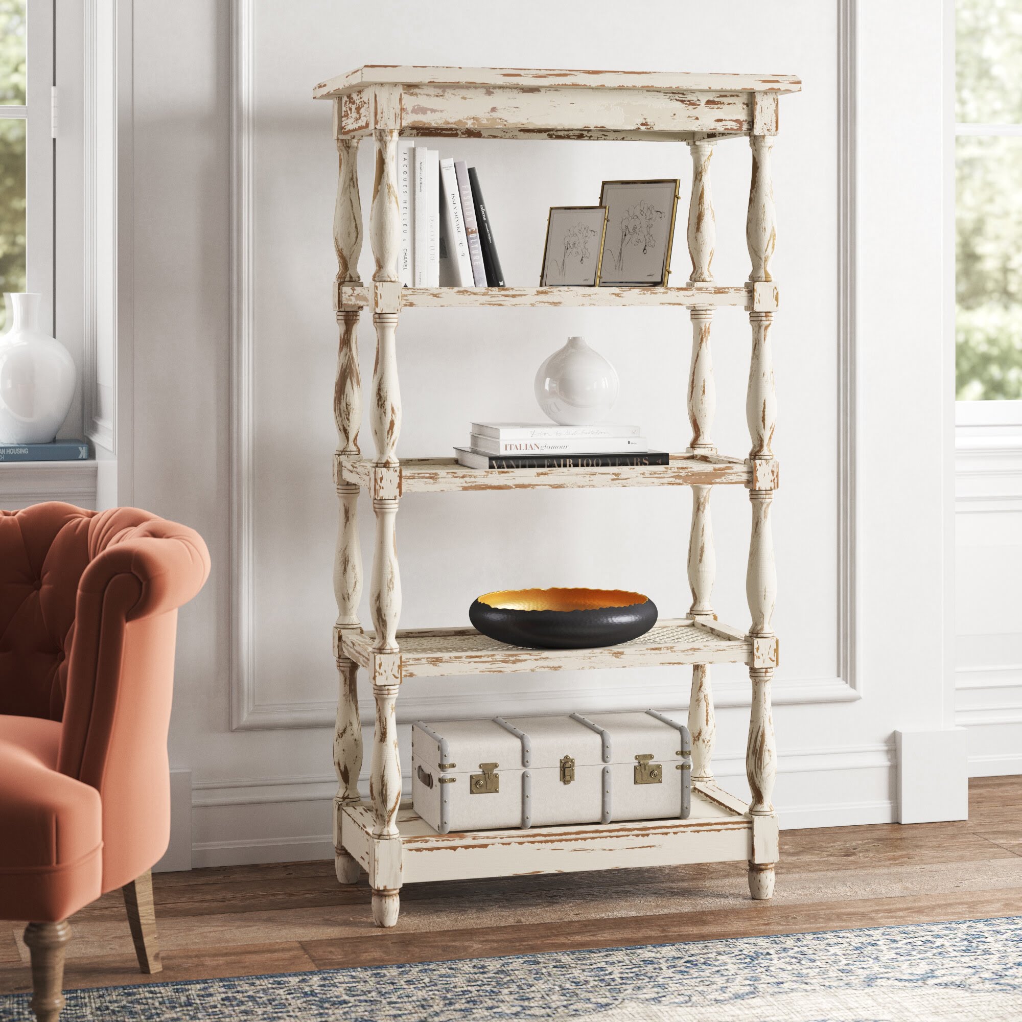 Nonna White Wood Distressed Open 5 Shelf Shelving Unit with Spindle Sides and Mesh