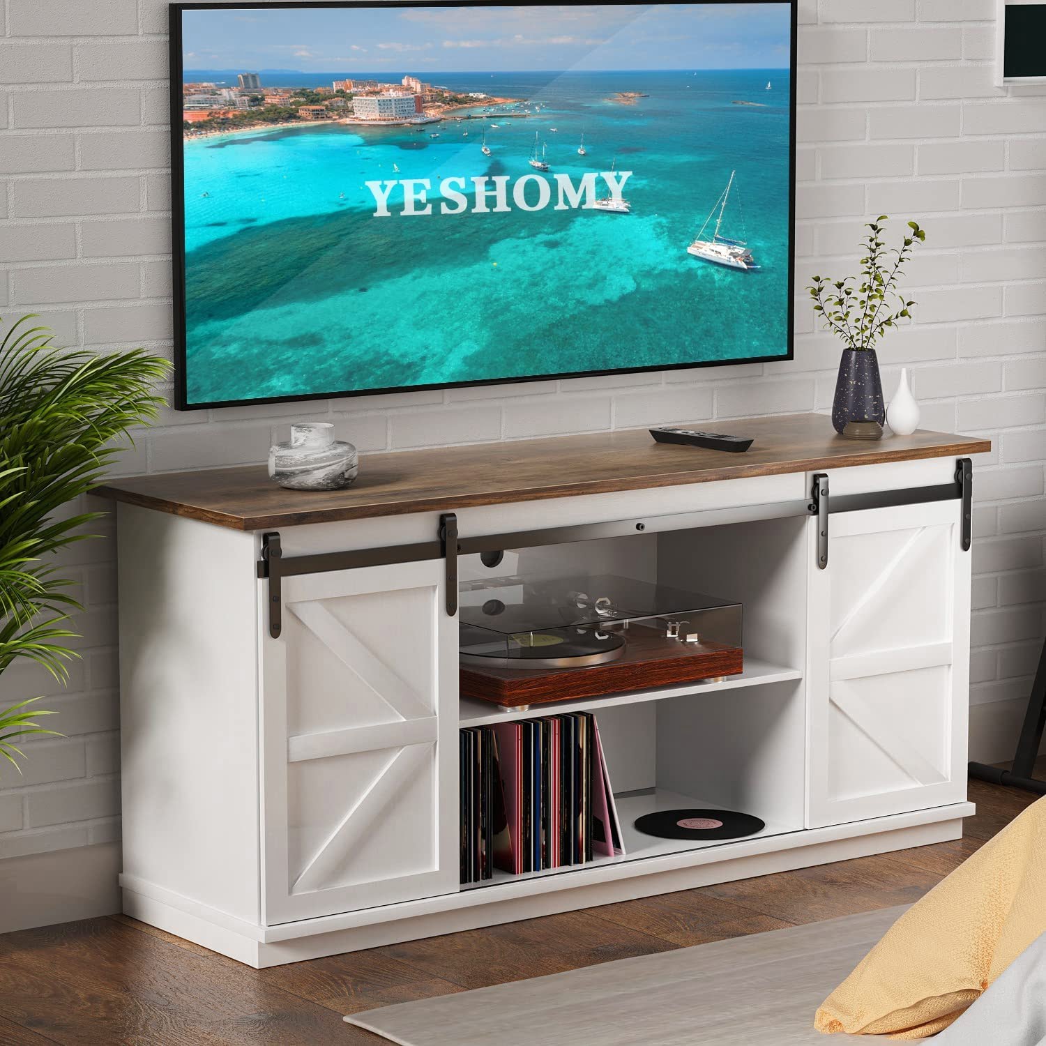 YESHOMY Farmhouse TV Stand for Televisions up to 65+ Inch with Sliding Barn Doors and Storage Cabinets, Entertainment Center