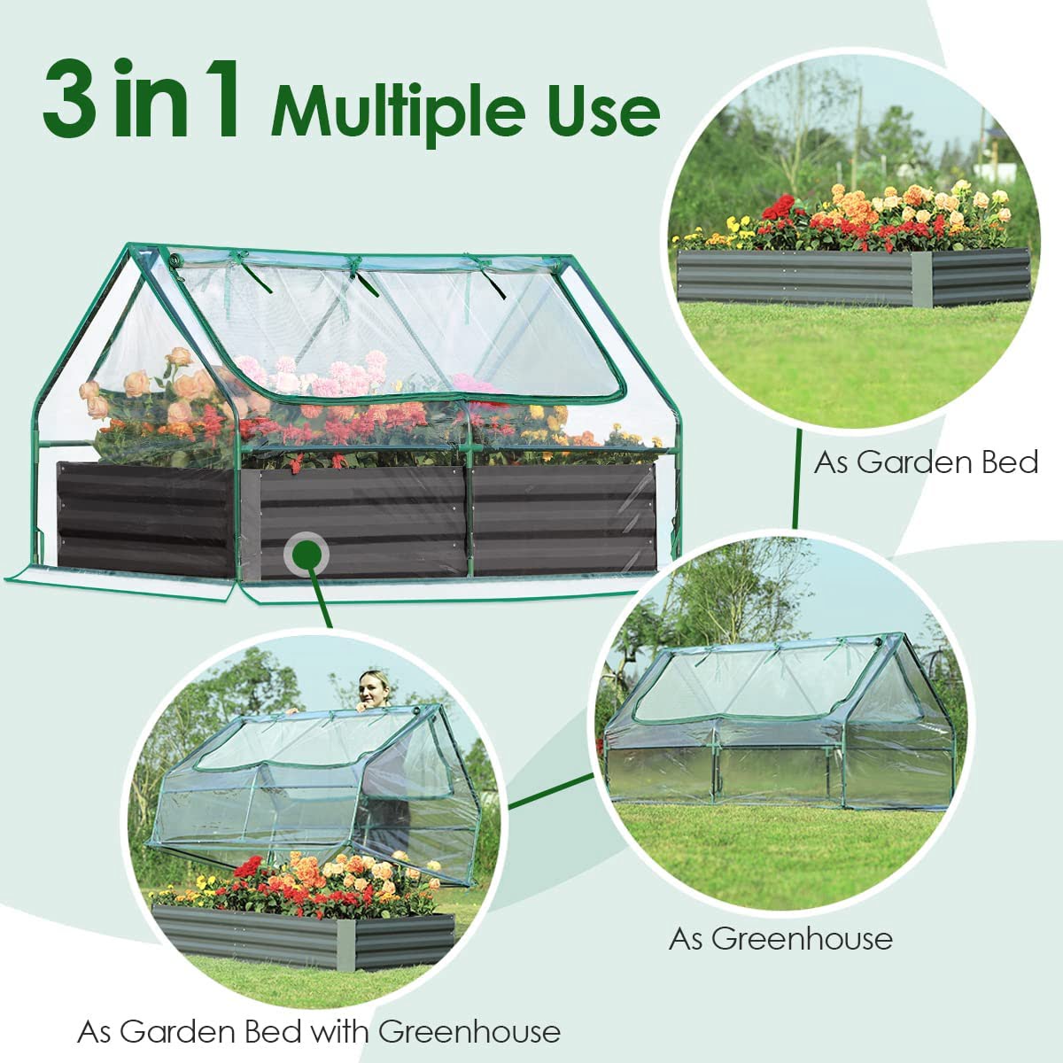 Quictent 6x3x1ft Galvanized Raised Garden Bed with Cover Metal Planter Box Kit, w/ 2 Large Screen Windows Mini Greenhouse 20pcs - Image 2