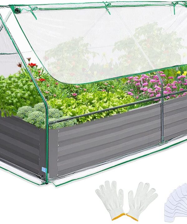 Quictent 6x3x1ft Galvanized Raised Garden Bed with Cover Metal Planter Box Kit, w/ 2 Large Screen Windows Mini Greenhouse 20pcs