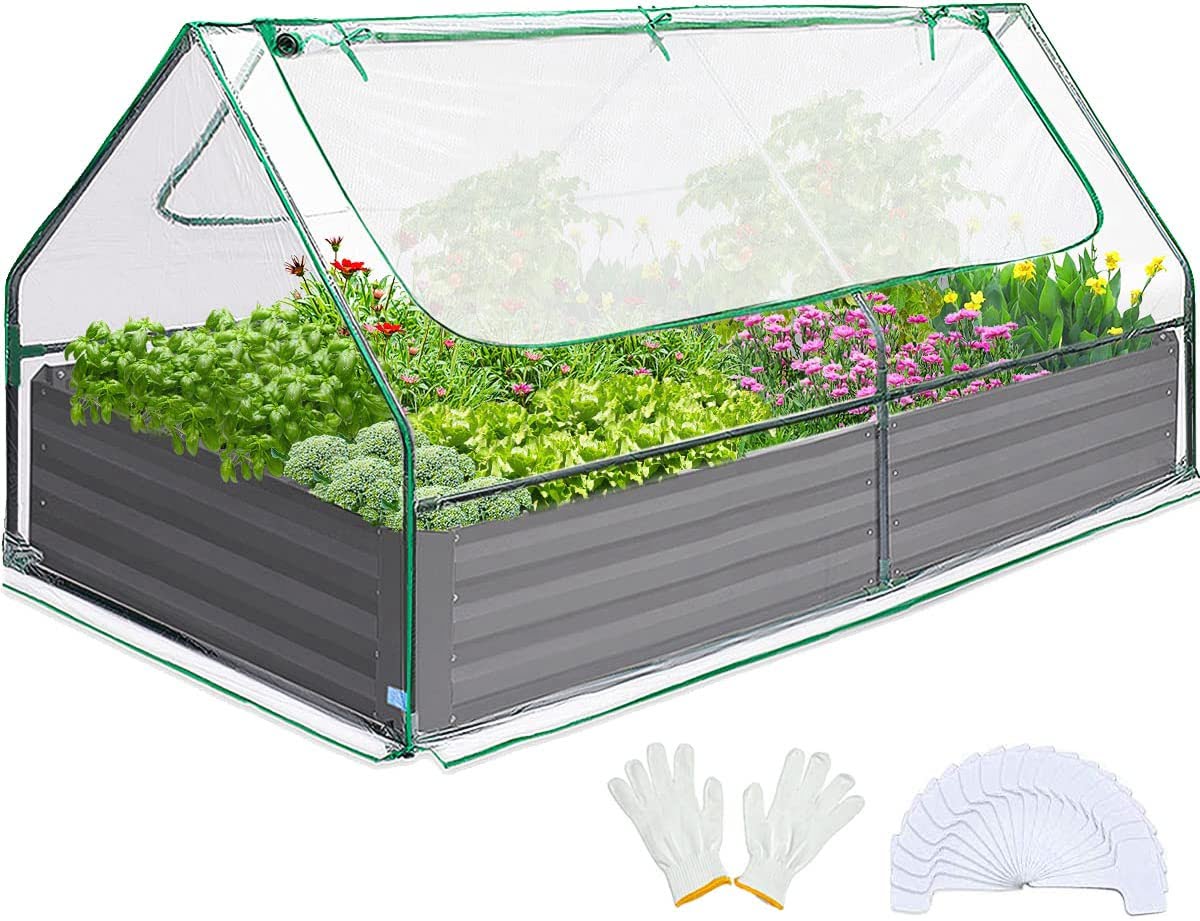 Quictent 6x3x1ft Galvanized Raised Garden Bed with Cover Metal Planter Box Kit, w/ 2 Large Screen Windows Mini Greenhouse 20pcs