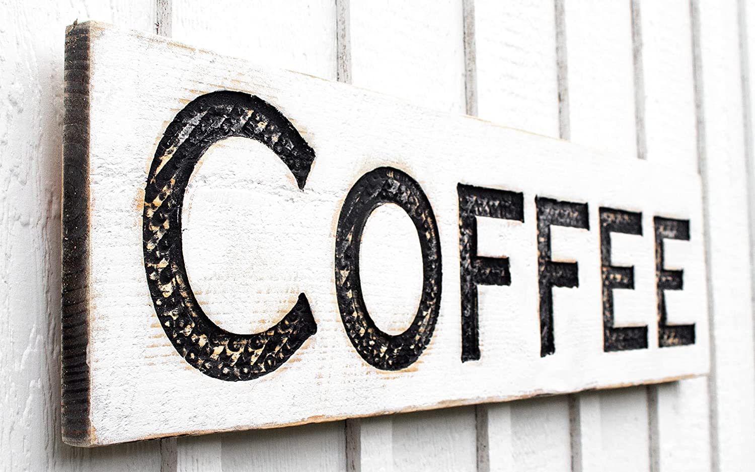 Coffee Sign - Carved in a 40"x10" Solid Wood Board Rustic Distressed Shop Advertisement Shop Farmhouse Wooden Fixer Upper Style