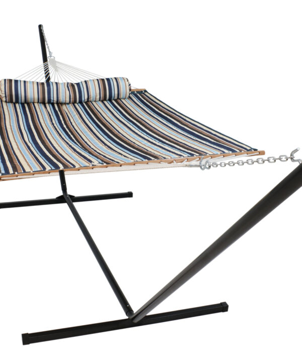 Sunnydaze 2 Person Freestanding Quilted Fabric Spreader Bar Hammock, Choose from 12 or 15 Foot Stand, Ocean Isle, 15-Foot Stand