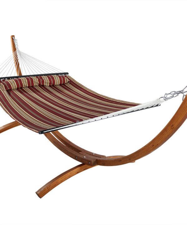Sunnydaze Quilted Double Fabric 2-Person Hammock with Curved Arc Wood Stand, 400 Pound Capacity, Awning Stripe, 12-foot