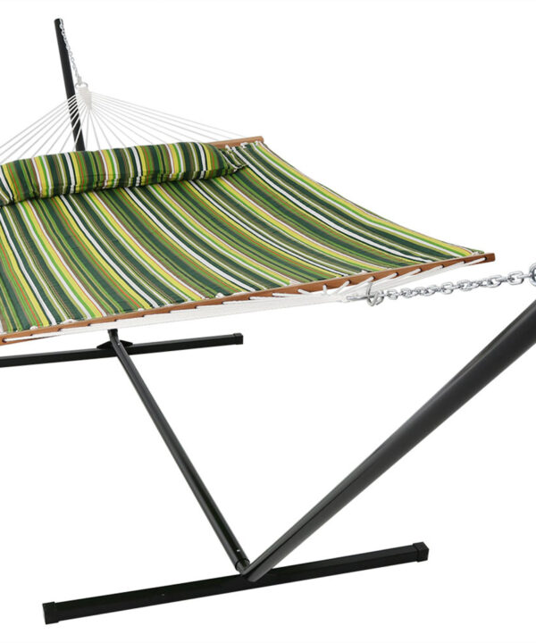 Sunnydaze 2 Person Freestanding Quilted Fabric Spreader Bar Hammock, Choose From 12 or 15 Foot Stand,  Melon Stripe, 15-Foot Stand