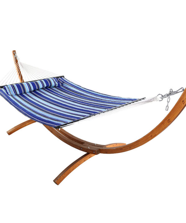Sunnydaze Quilted Double Fabric 2-Person Hammock with Curved Arc Wood Stand, 400 Pound Capacity, Catalina Beach, 12-foot