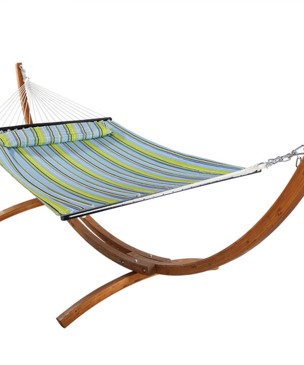 Sunnydaze Quilted Double Fabric 2-Person Hammock with Curved Arc Wood Stand, 400 Pound Capacity, Blue & Yellow, 12-foot