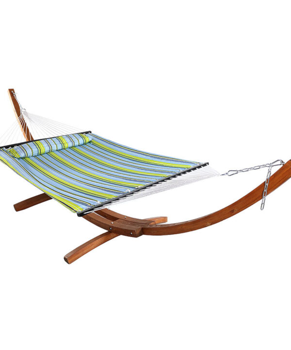 Sunnydaze Quilted Double Fabric 2-Person Hammock with Curved Arc Wood Stand, 400 Pound Capacity, Blue & Yellow, 13-foot