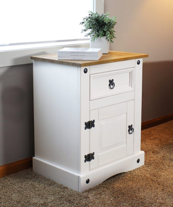 Solid Pine End Table with Drawer and Door – White