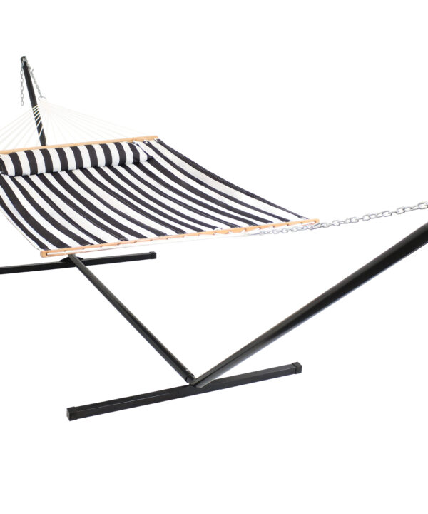 Sunnydaze 2 Person Freestanding Quilted Fabric Spreader Bar Hammock, Choose 12 or 15 Foot Stand, Black and White, 15-Foot Stand