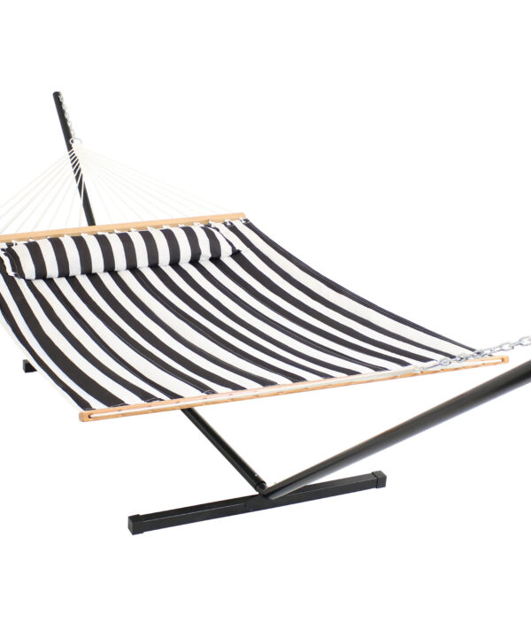 Sunnydaze 2 Person Freestanding Quilted Fabric Spreader Bar Hammock, Choose 12 or 15 Foot Stand, Black and White, 12-Foot Stand