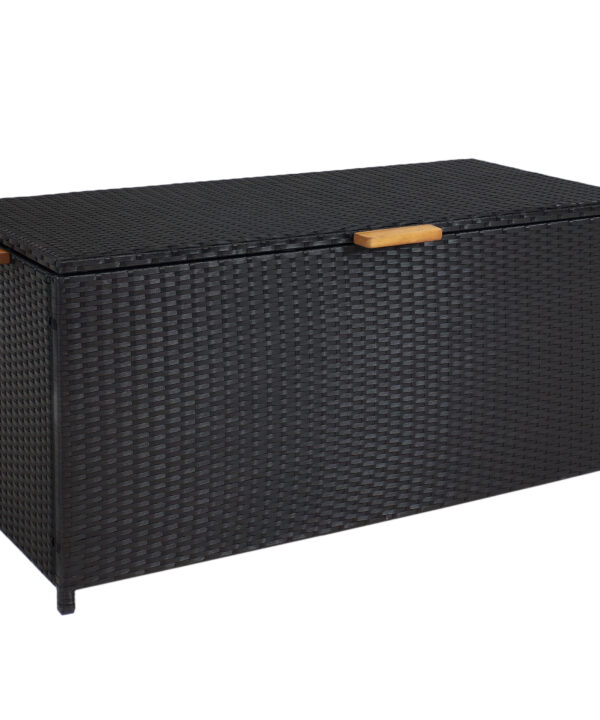 Sunnydaze Indoor/Outdoor Resin Wicker  Storage Box with Acacia Wood Handles - Black