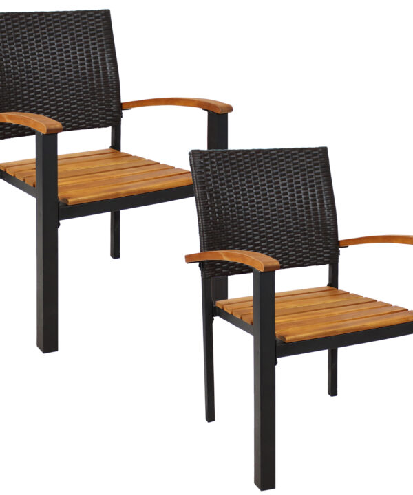 Sunnydaze Malachi Set of 2 Acacia Wood and Resin Rattan Outdoor Patio Armchairs