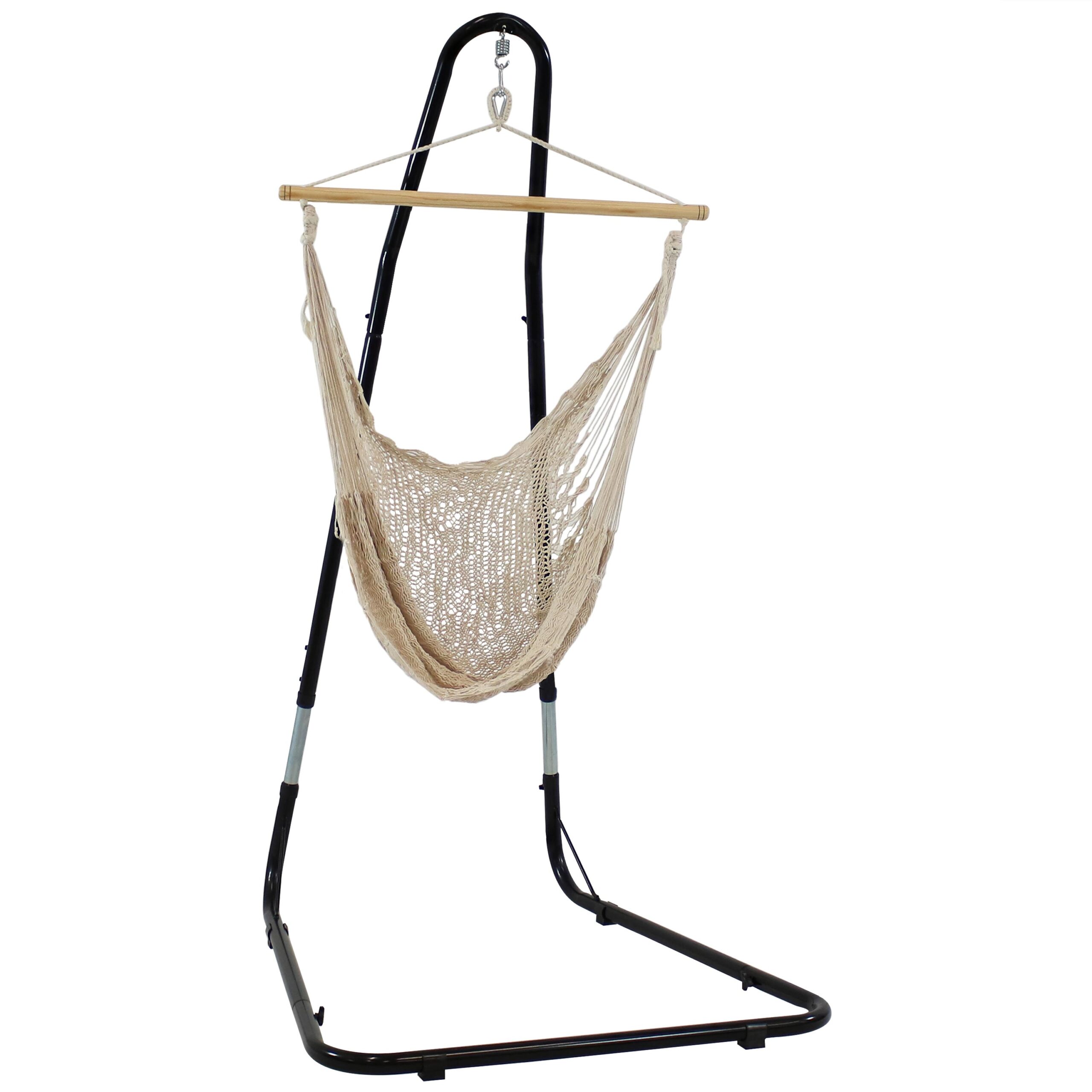 Sunnydaze Mayan Rope Hammock Chair and Adjustable Stand, Comfortable Hanging Swing Seat, Natural, Large Hammock
