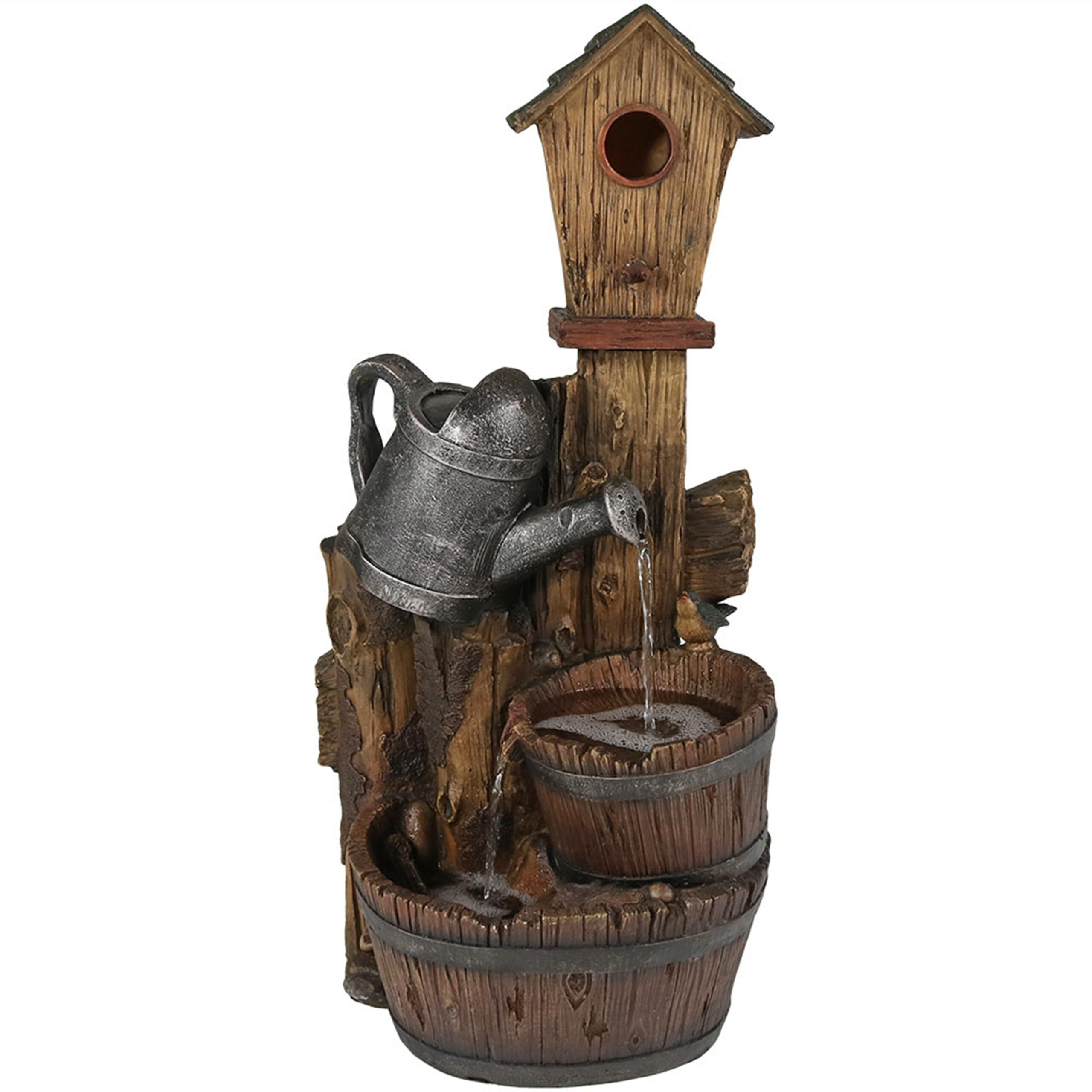 Sunnydaze Rustic Birdhouse & Garden Watering Can Water Fountain - 31-Inch