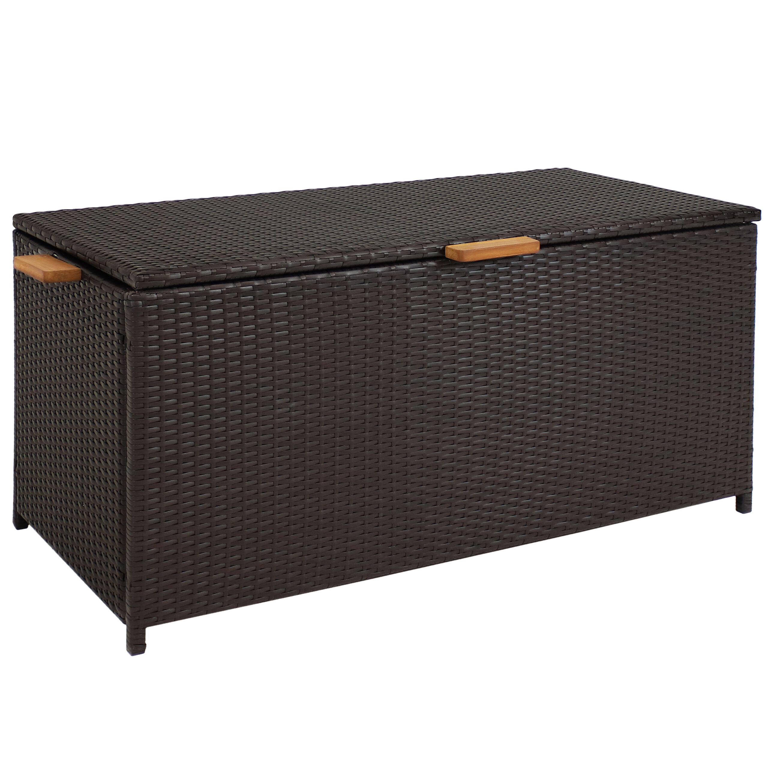 Sunnydaze Indoor/Outdoor Resin Wicker  Storage Box with Acacia Wood Handles - Brown
