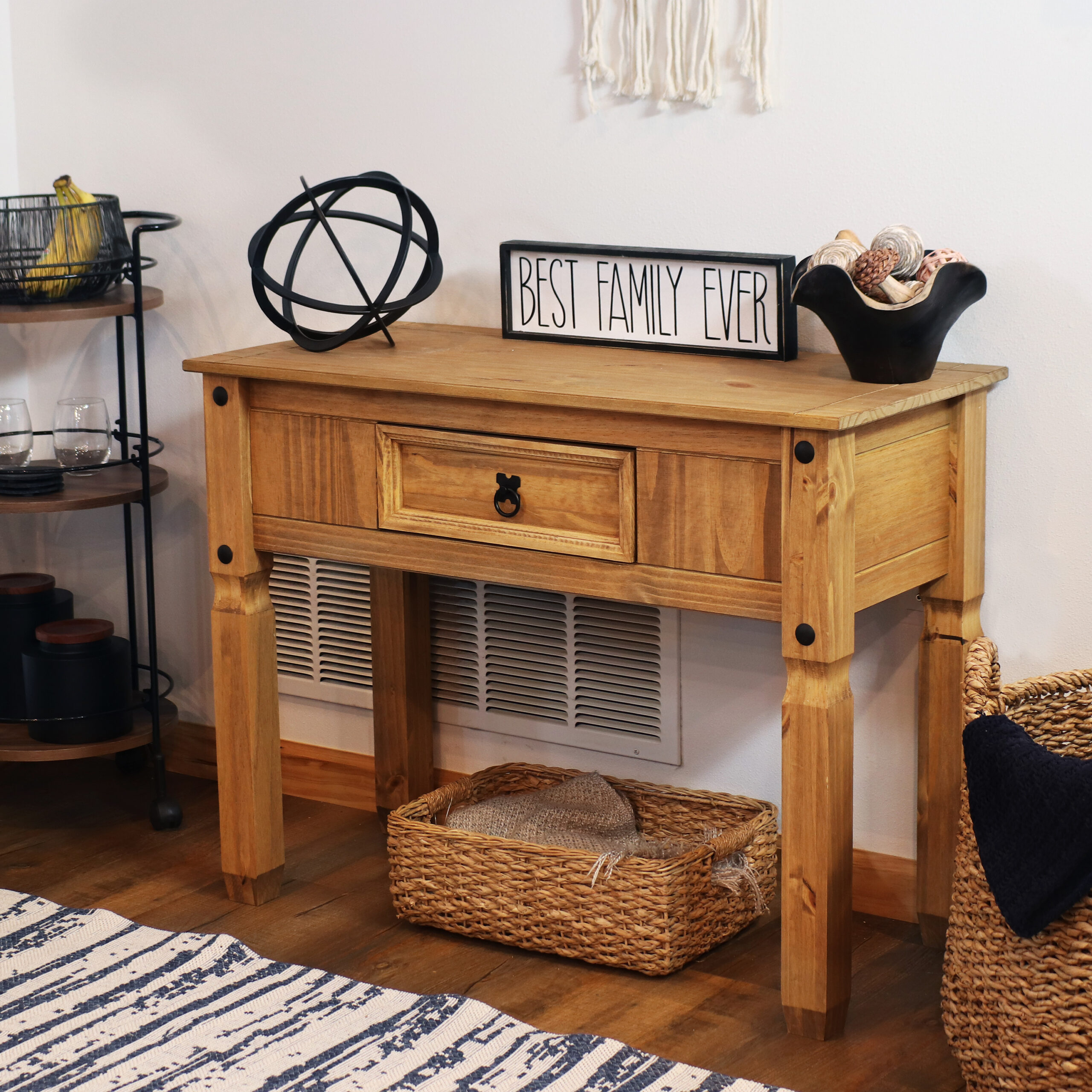 Solid Pine Console Table with Drawer – Light Brown