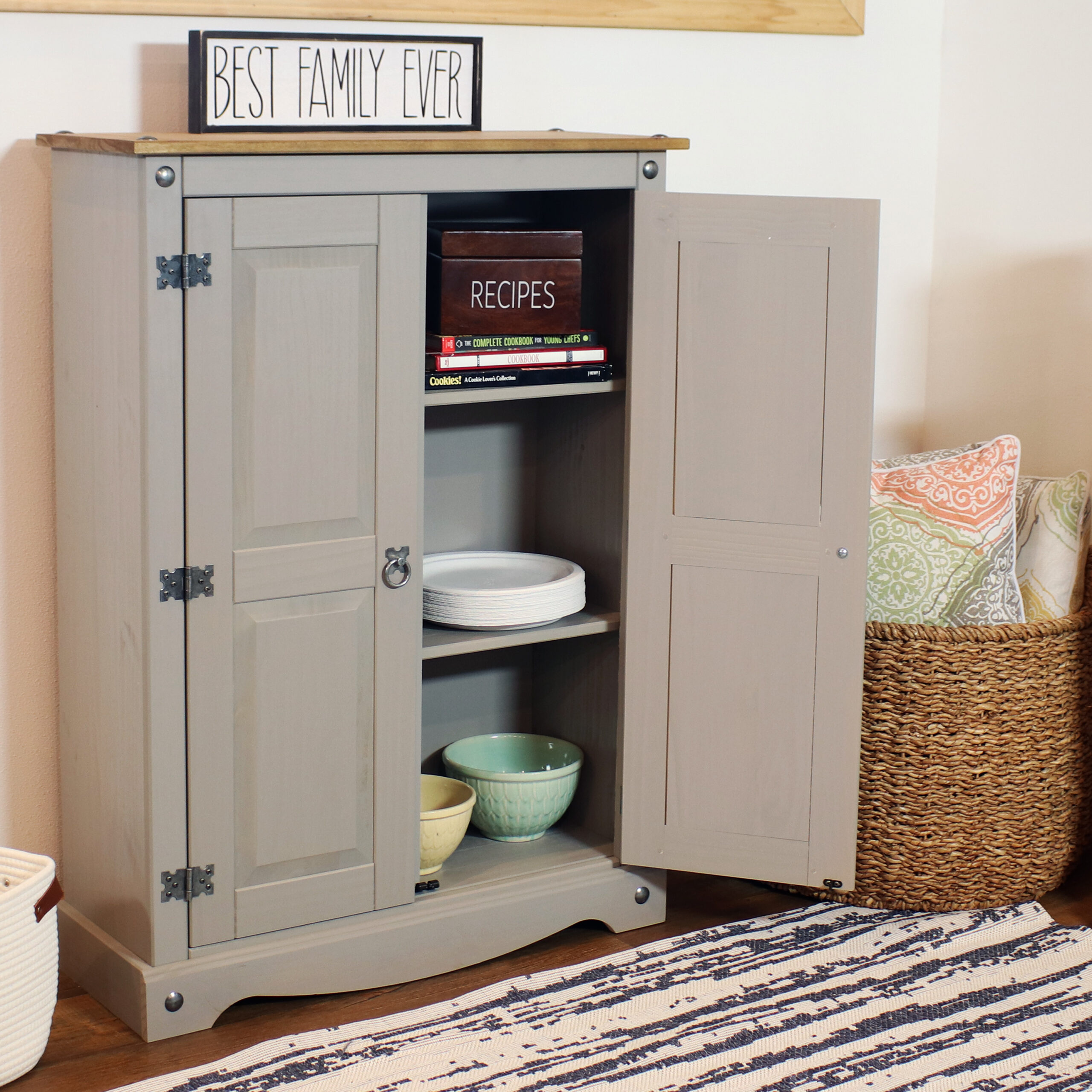 Solid Pine Accent Cupboard with Shelf – Gray