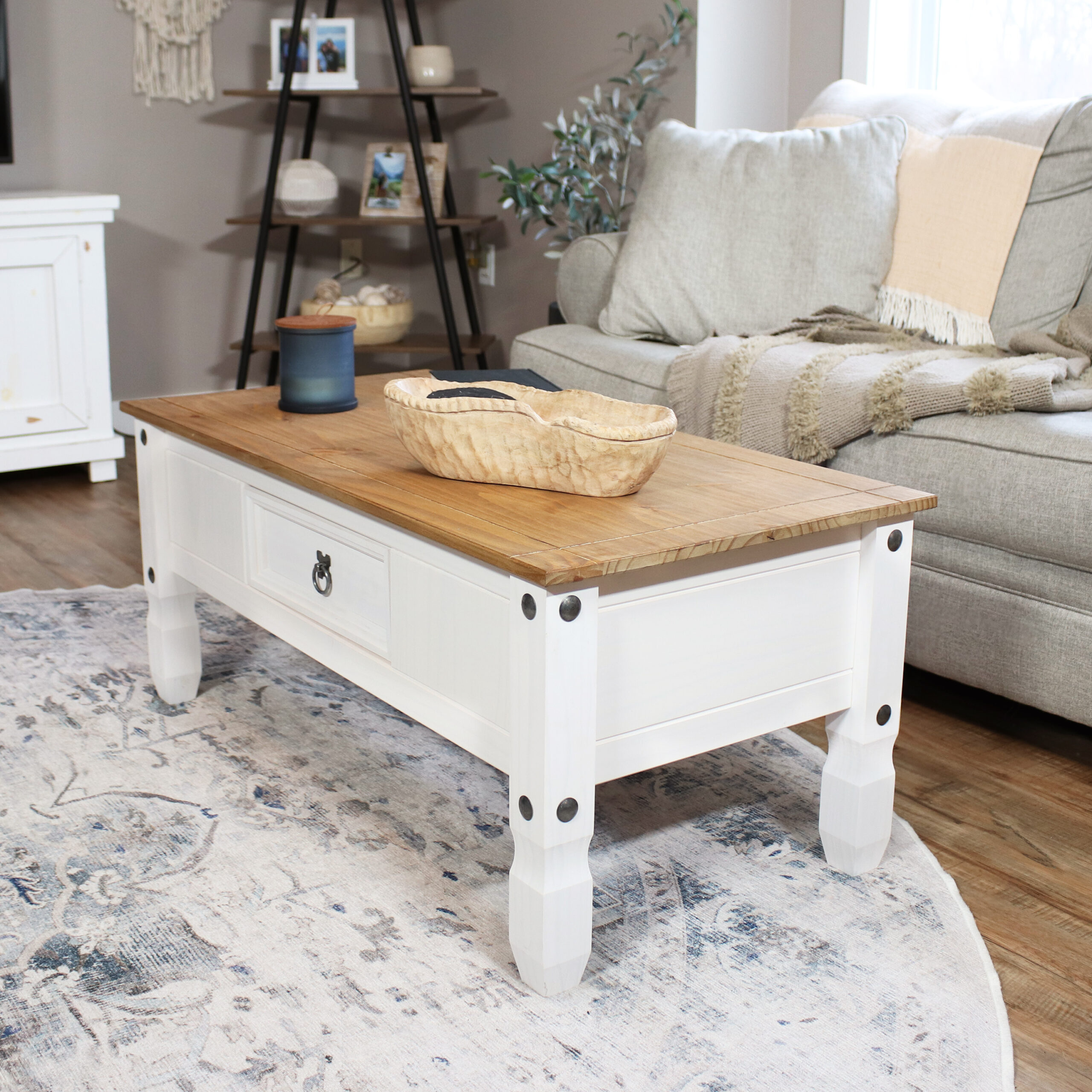 Solid Pine Coffee Table with Drawer – White