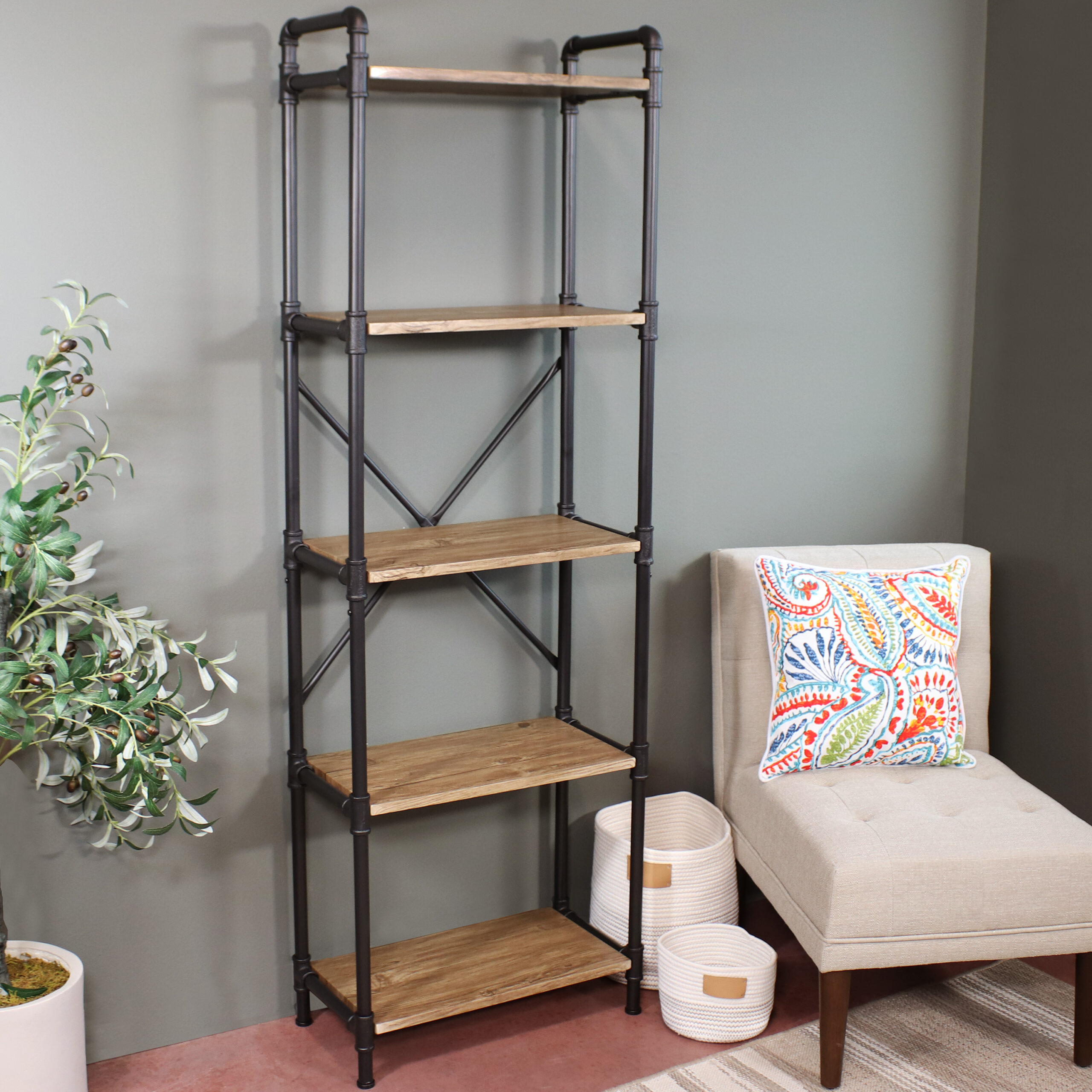 Sunnydaze 5-Tier Black Pipe Bookshelf - Wood Veneer Shelves - Brown