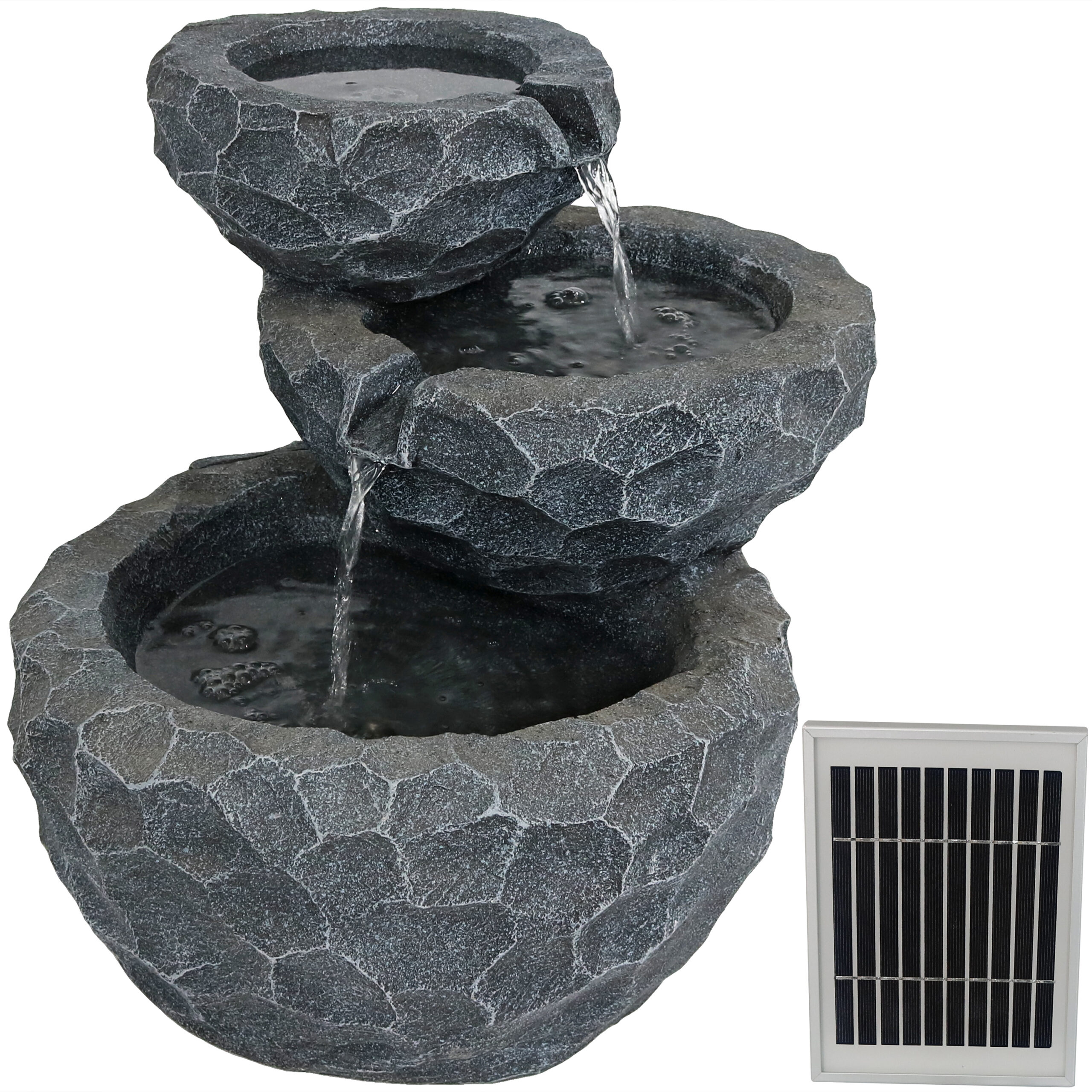 Sunnydaze 3-Tier Chiseled Basin Solar Water Fountain with Battery Backup - 17-Inch