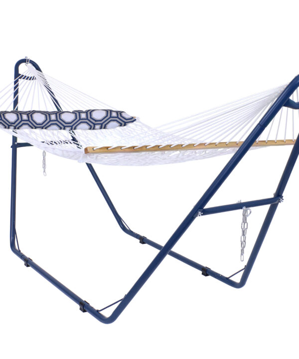 Sunnydaze 2-Person Spreader Bar Rope Hammock with Pillow with Blue Stand