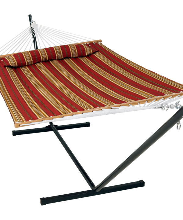 Sunnydaze 2 Person Freestanding Quilted Fabric Spreader Bar Hammock, Choose from 12 or 15 Foot Stand, Red Stripe, 12-Foot Stand
