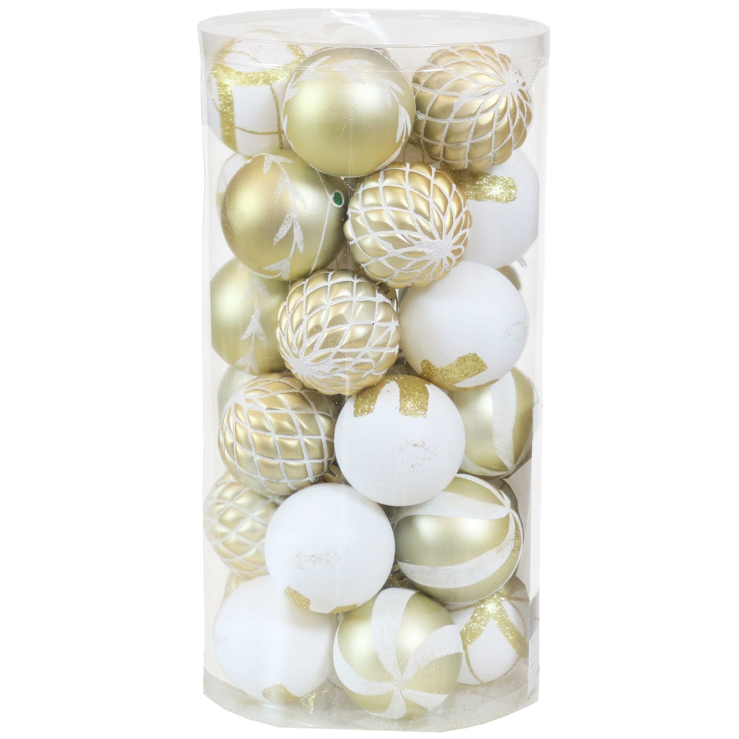 Sunnydaze Holiday Glitter Plastic 30-Piece Ornament Set - White and Gold