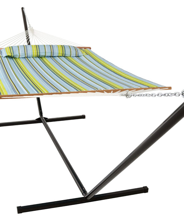 Sunnydaze 2 Person Freestanding Quilted Fabric Spreader Bar Hammock, Choose 12 or 15 Foot Stand, Blue and Green, 15-Foot Stand