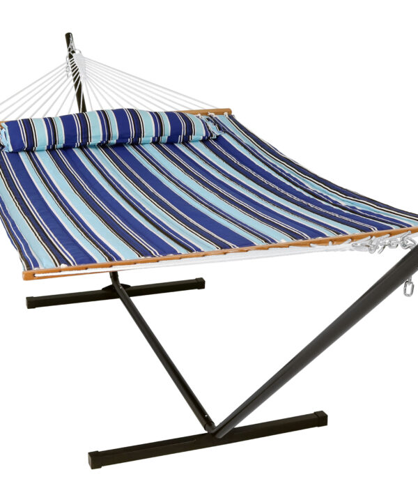 Sunnydaze 2 Person Freestanding Quilted Fabric Spreader Bar Hammock, Choose 12 or 15 Foot Stand, Catalina Beach, 12-Foot Stand