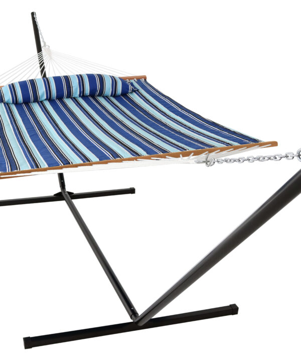 Sunnydaze 2 Person Freestanding Quilted Fabric Spreader Bar Hammock, Choose 12 or 15 Foot Stand, Catalina Beach, 15-Foot Stand