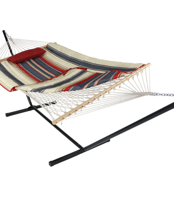 Sunnydaze Cotton Rope Hammock with 12 Foot Steel Stand, Pad and Pillow, 275 Pound Capacity, Modern Lines