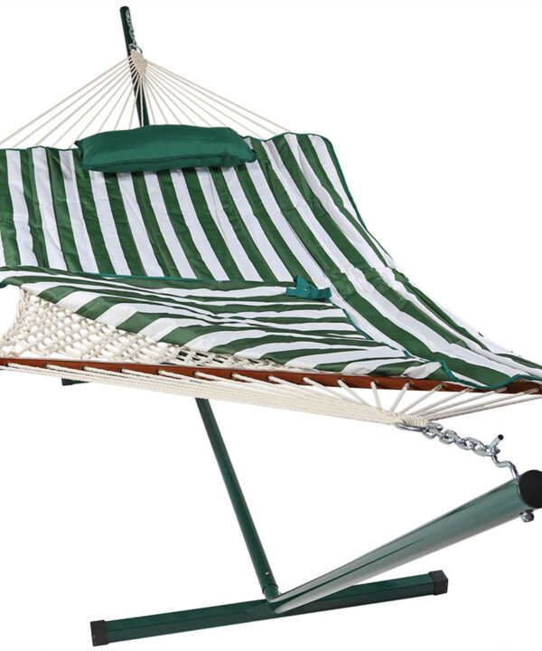 Sunnydaze Rope Hammock with 12-Foot Stand - Pad & Pillow - Green & White Stripe
