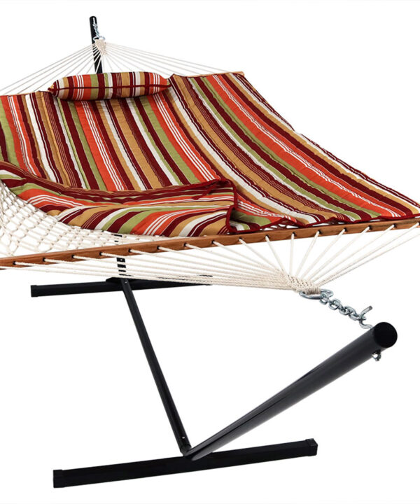 Sunnydaze Cotton Rope Hammock with 12 Foot Steel Stand, Pad and Pillow, 275 Pound Capacity, Tropical Orange