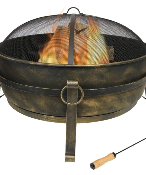 Sunnydaze Steel Cauldron Fire Pit with Spark Screen, 34-Inch