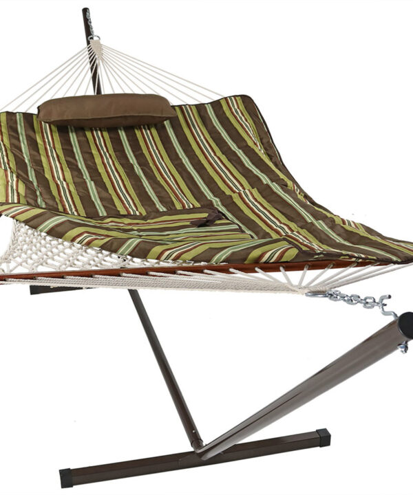 Sunnydaze Rope Hammock with 12-Foot Stand - Pad & Pillow - Desert Stripe