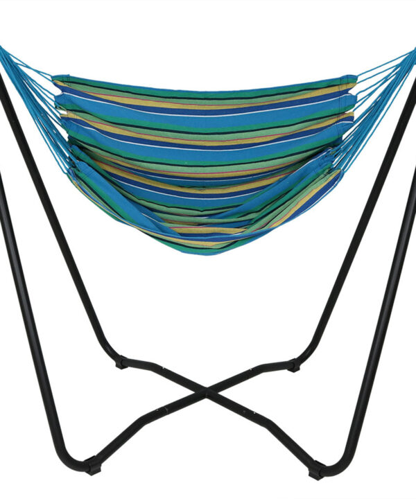 Sunnydaze 2-Point Hanging Hammock Chair Swing and  Space-Saving "A" Stand Set, for Outdoor Use, Ocean Breeze