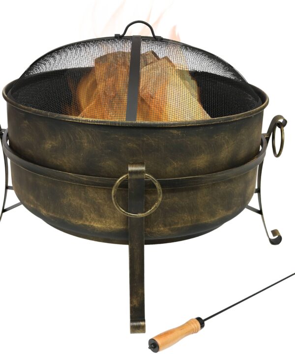 Sunnydaze Steel Cauldron Fire Pit with Spark Screen, 24-Inch