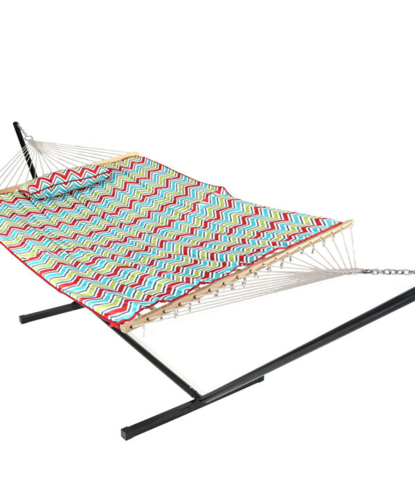 Sunnydaze Cotton Rope Hammock with 12 Foot Steel Stand, Pad and Pillow, 275 Pound Capacity, Multi-Color Chevron