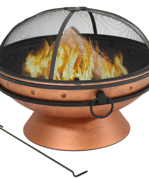 Sunnydaze Royal Cauldron Copper Fire Pit with Handles and Spark Screen - 30-Inch
