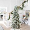 Glitzhome 7.5ft Pre-Lit Flocked Pencil Spruce Artificial Christmas Tree with 350 Warm White Lights and Sturdy Metal Stand