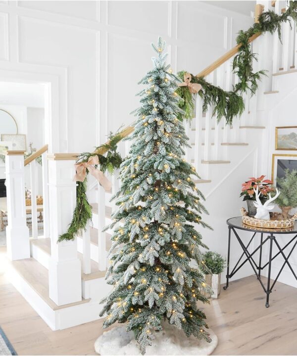 Glitzhome 7.5ft Pre-Lit Flocked Pencil Spruce Artificial Christmas Tree with 350 Warm White Lights and Sturdy Metal Stand