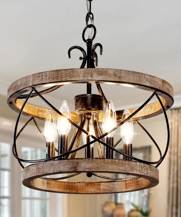 Reback 5 - Light Drum Solid Wood Chandelier with Metal Accents