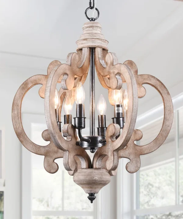 Ambrose 6-Light Dimmable Distressed Wood Chandelier Farmhouse Geometric Chandelier