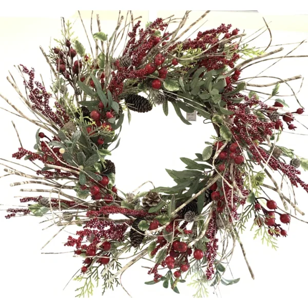 26" Farmhouse Berry Pine Winter Christmas Birch Wreath for Front Door