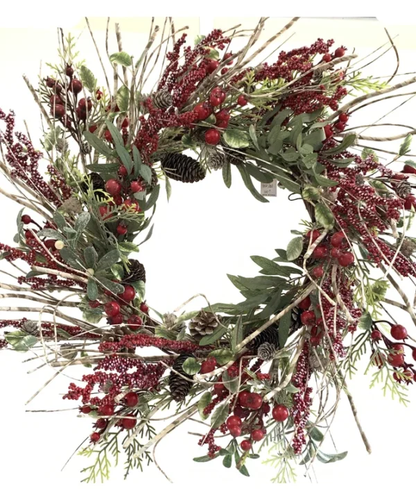 26" Farmhouse Berry Pine Winter Christmas Birch Wreath for Front Door
